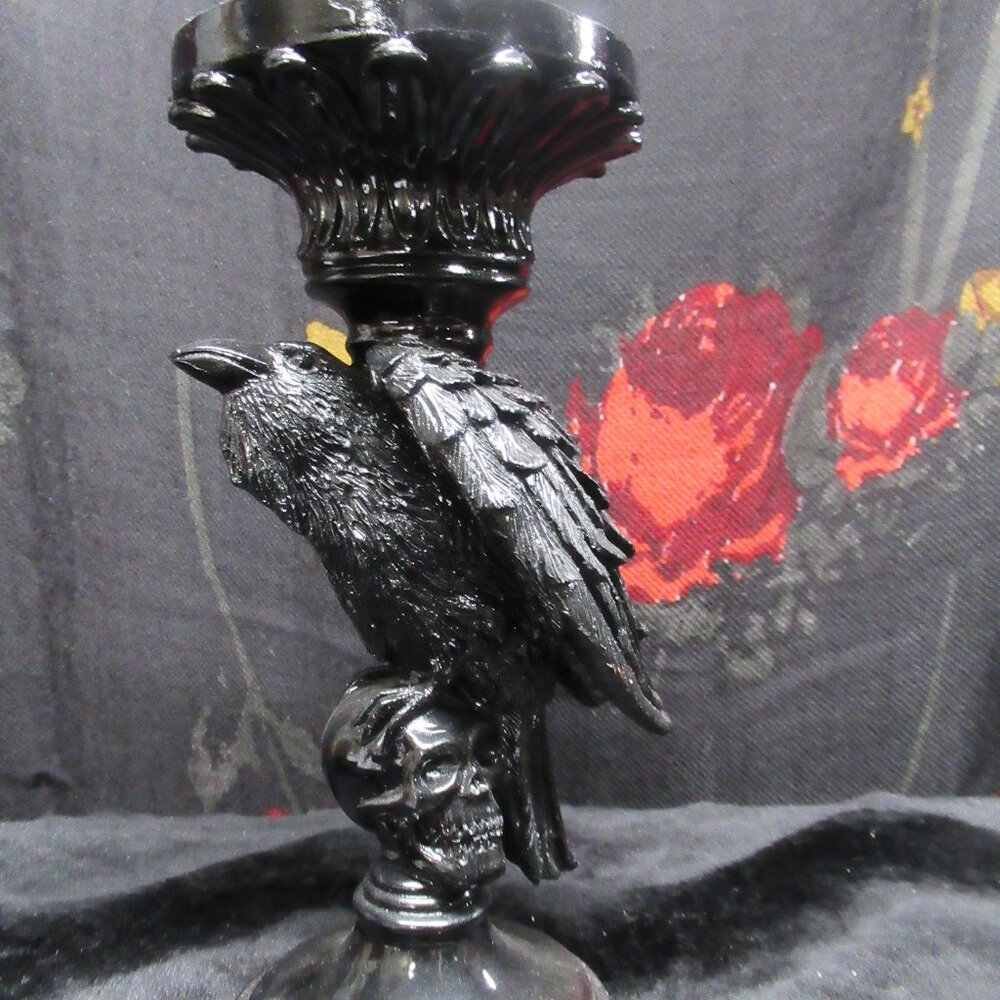 Black Raven Crow and Skull Taper Pillar Candle Holder